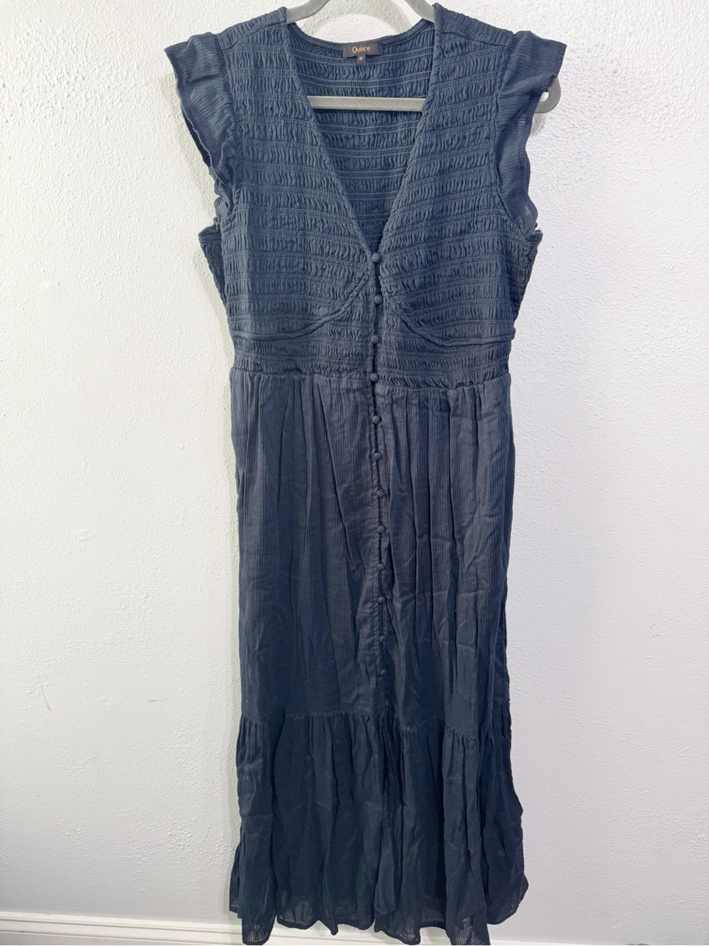 Quince organic cotton Navy Smocked Maxi Dress with Button Front Detail medium